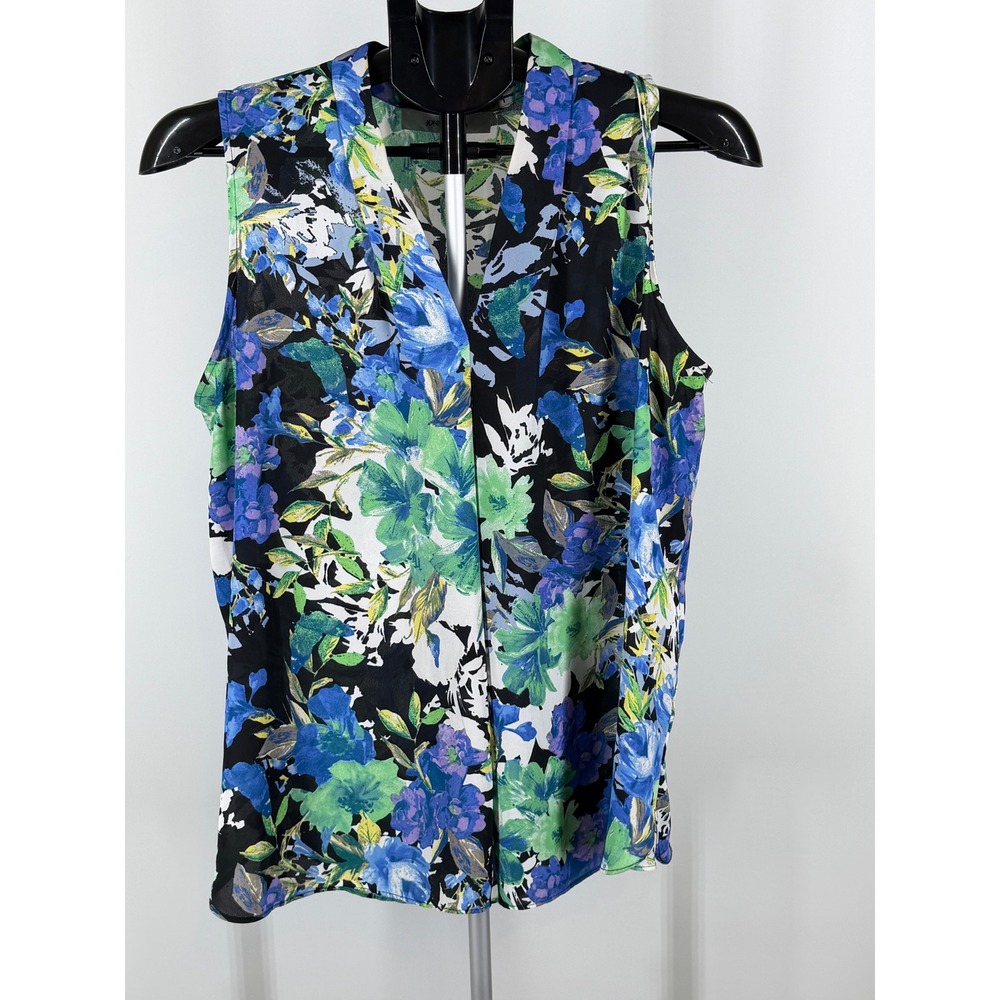 Jones Studio Womens Floral Sleeveless V-Neck Blouse Blue Green Black Top L